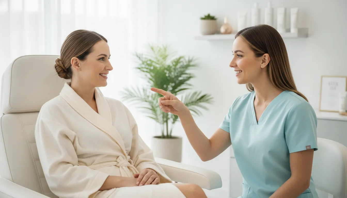 Provider discussing personalized summer skin treatment options with a med spa client