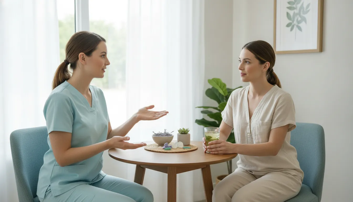 Medical spa professional discussing a seasonal treatment timeline with a client