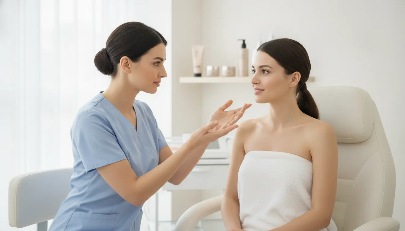 Client discussing skin rejuvenation treatment choices with an aesthetic professional