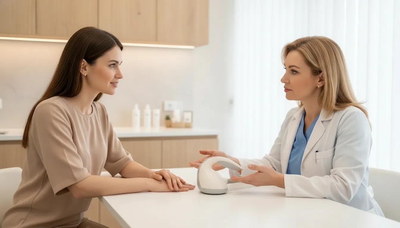 Patient and aesthetic professional discussing personalized facial treatment options