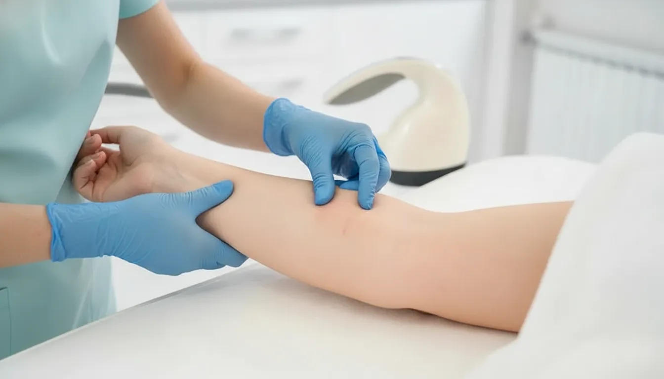 Laser hair removal skin response checked during a consultation