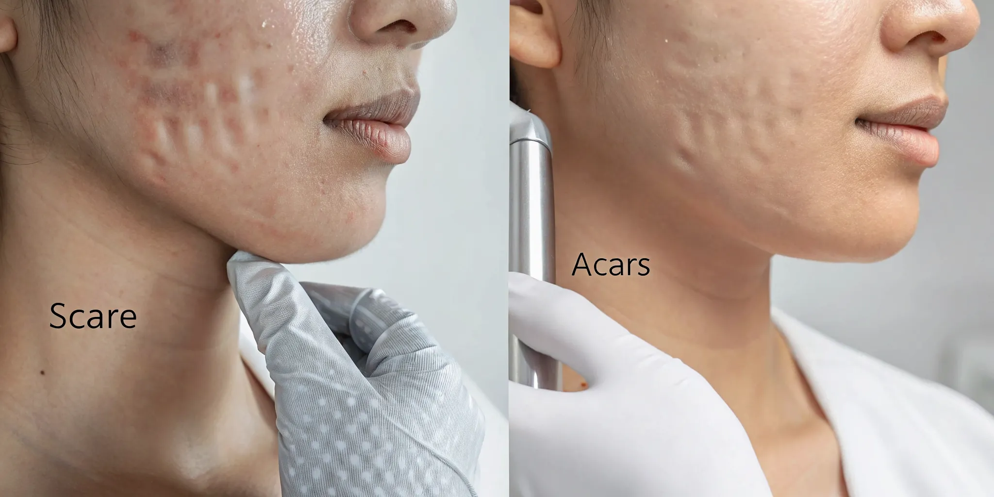 Medical illustration comparing ice pick, boxcar, and rolling acne scar types on skin