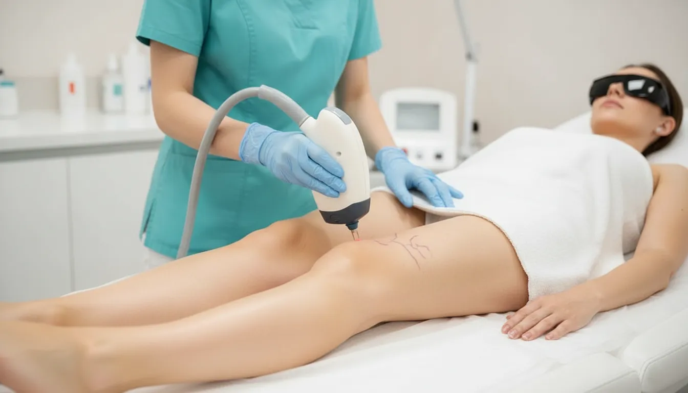 Provider performing laser vein treatment on a patient's lower leg