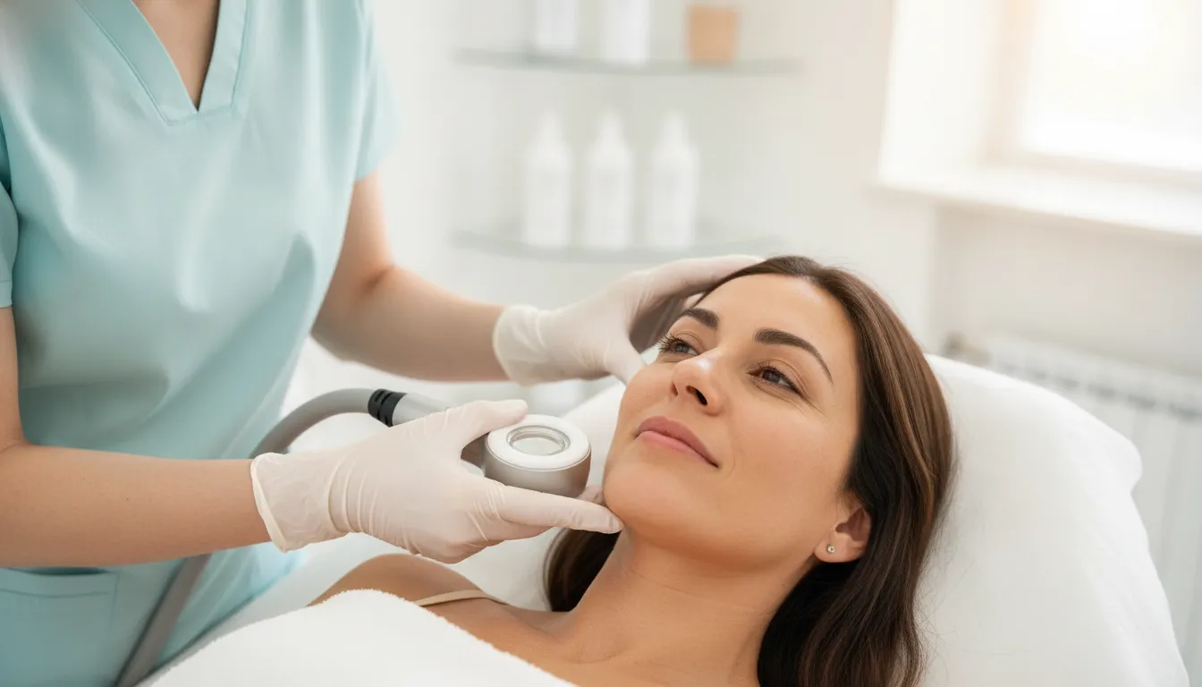 Clinical skin assessment before an eMatrix skin rejuvenation treatment in Texas