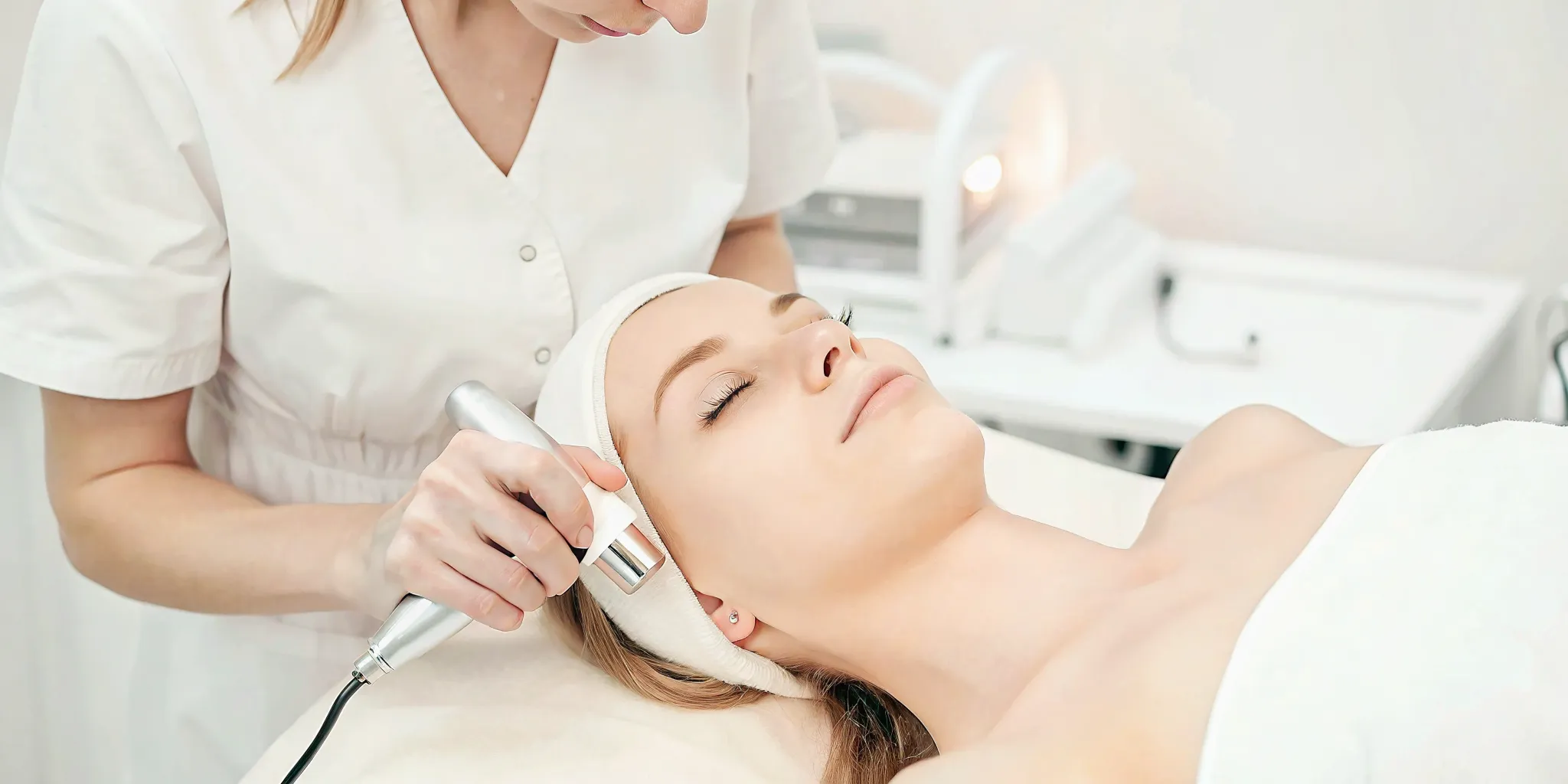 Aesthetician guiding an IPL photofacial handpiece over a client's skin in a medical spa treatment room