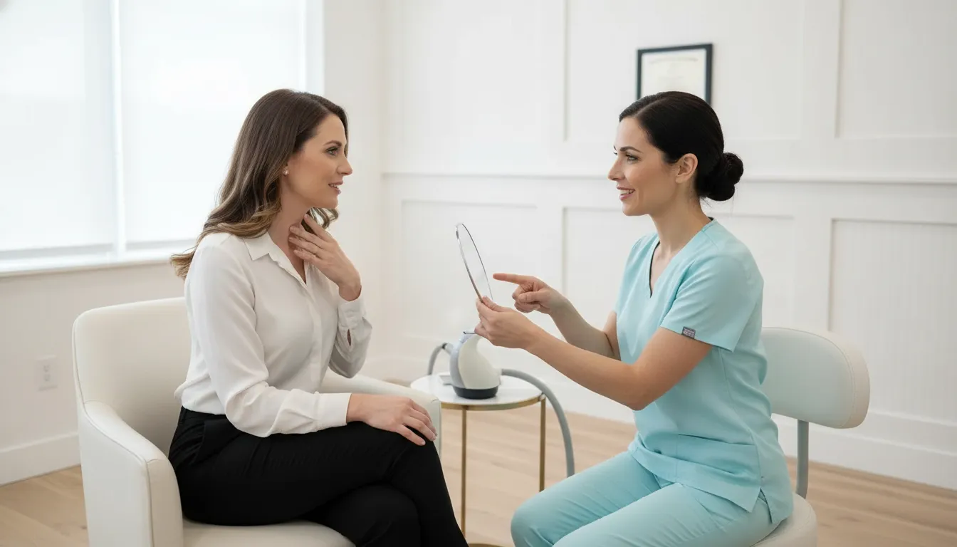 Provider discussing Kybella before and after expectations with a patient