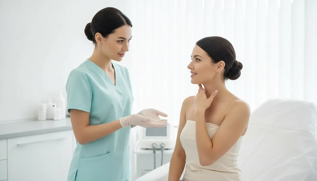 Patient comparing non-surgical double chin treatment options with a provider