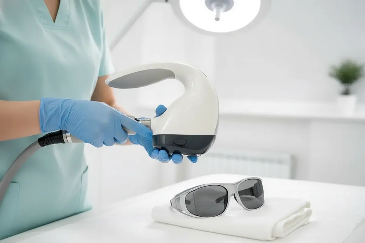 Laser Hair Removal equipment and protective eyewear prepared in a clean treatment room