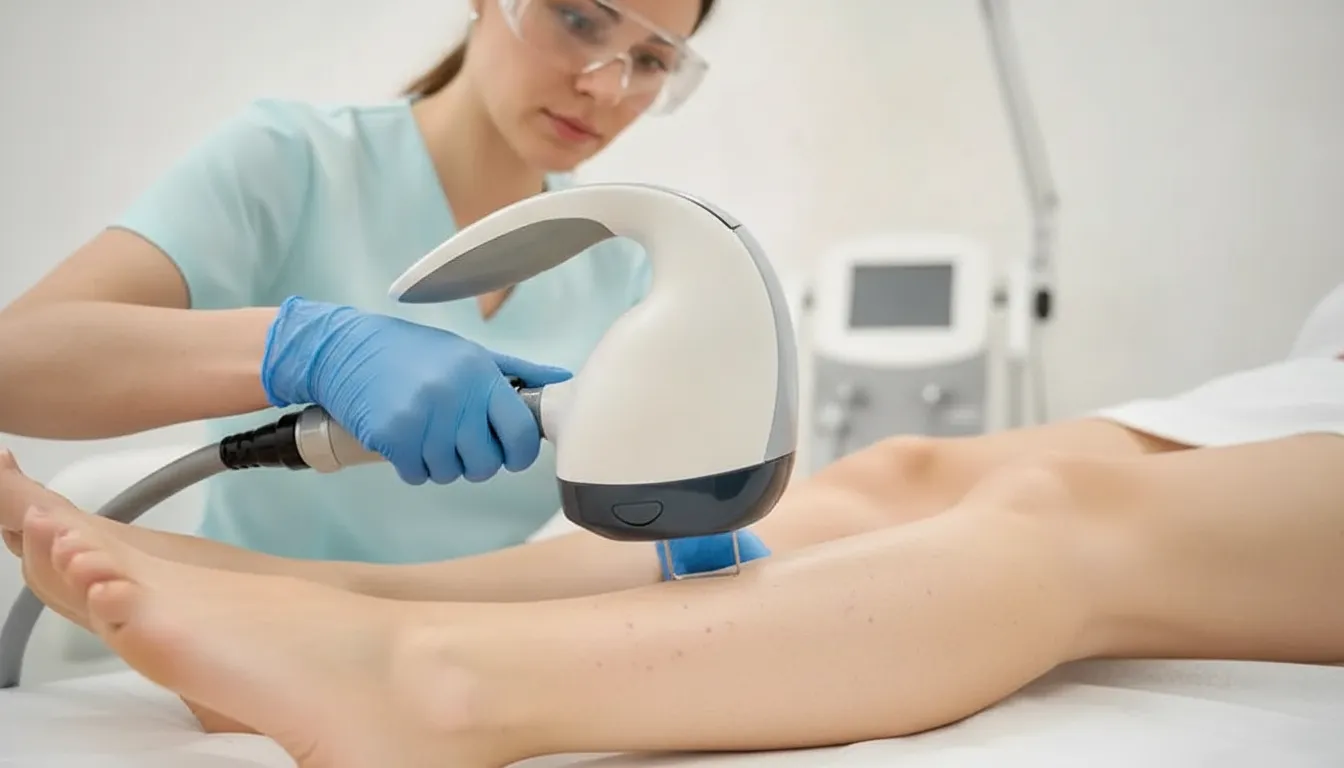 GentleYAG-style laser device positioned near visible surface vessels on a lower leg