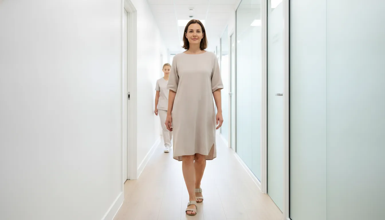 Patient walking comfortably after a consultation for cosmetic treatment of visible leg veins