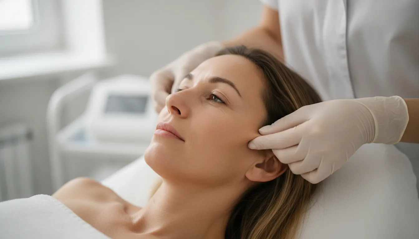 Skincare professional assessing uneven pigmentation during melasma treatment consultation
