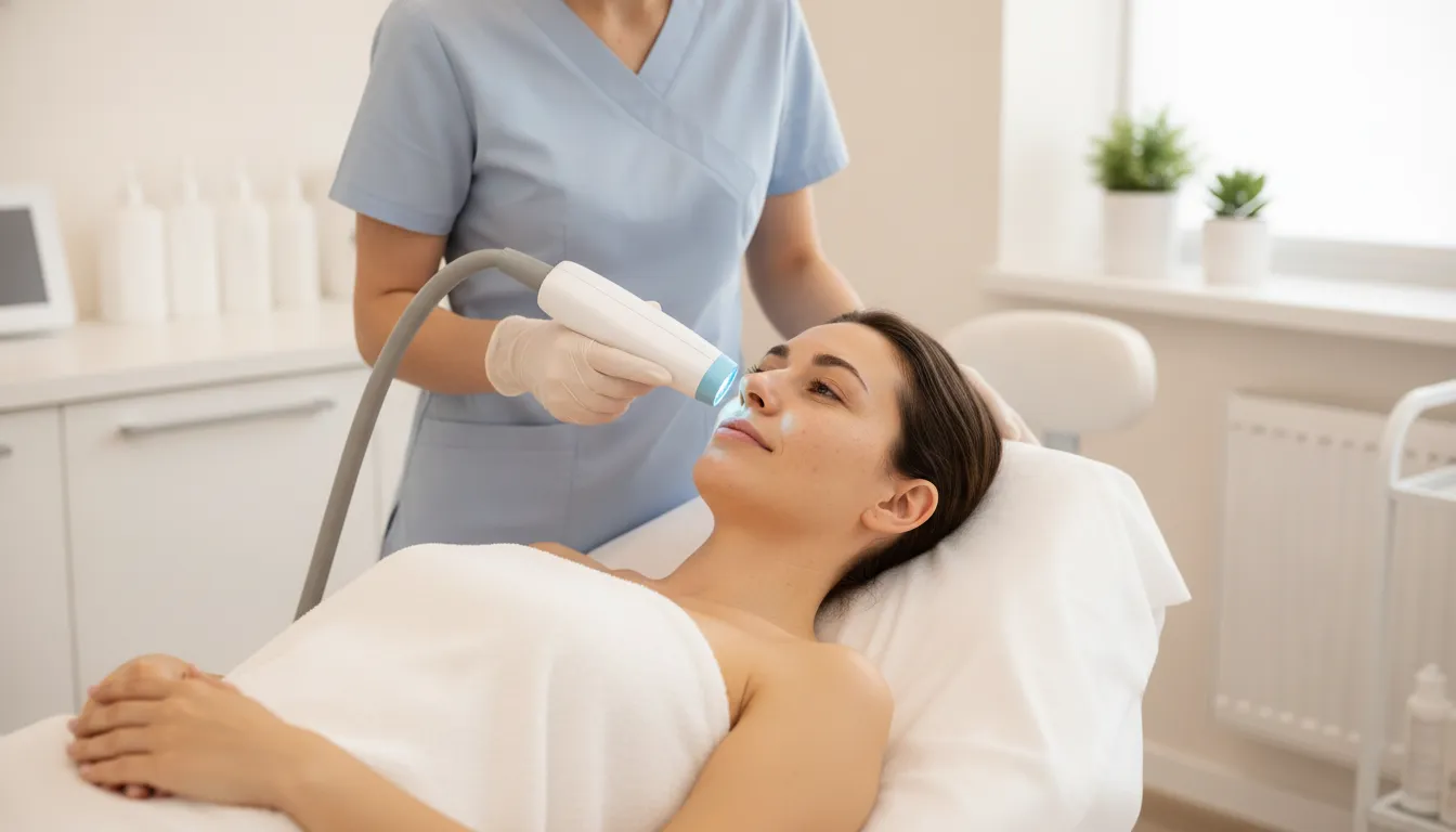 Skincare professional assessing facial melasma with a patient