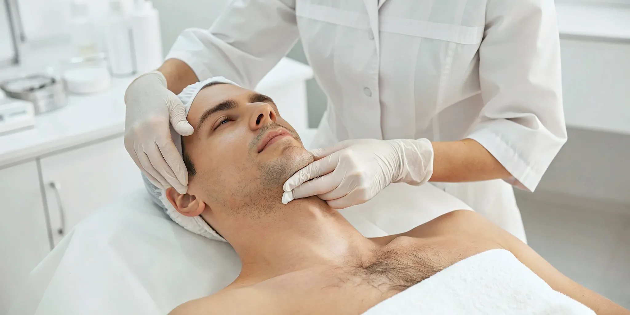 Man discussing chest laser hair removal with a medical spa professional