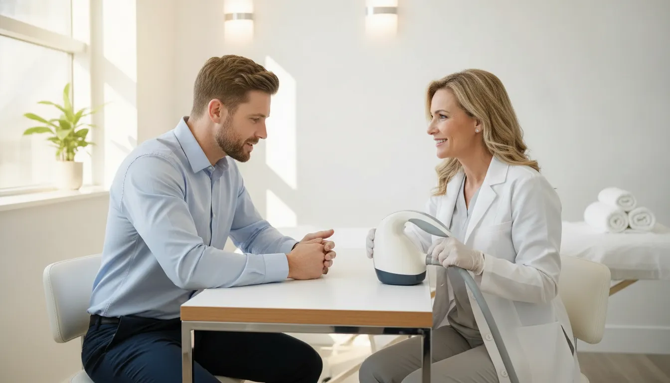 Man discussing laser hair removal and skin care options with a professional