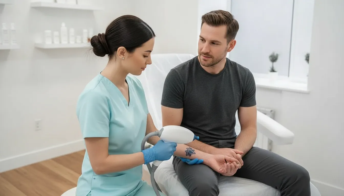 Professional discussing tattoo removal treatment options with a man