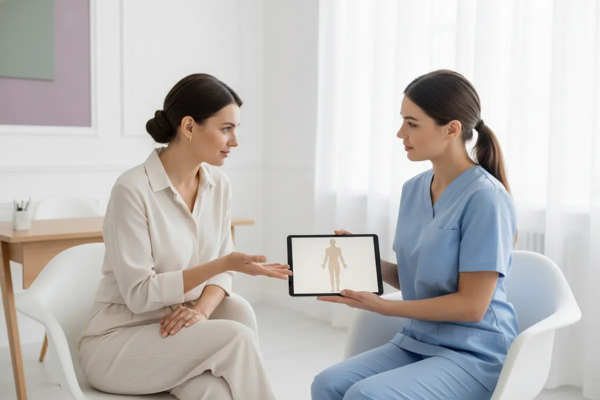 Provider and client reviewing body contouring goals during a consultation