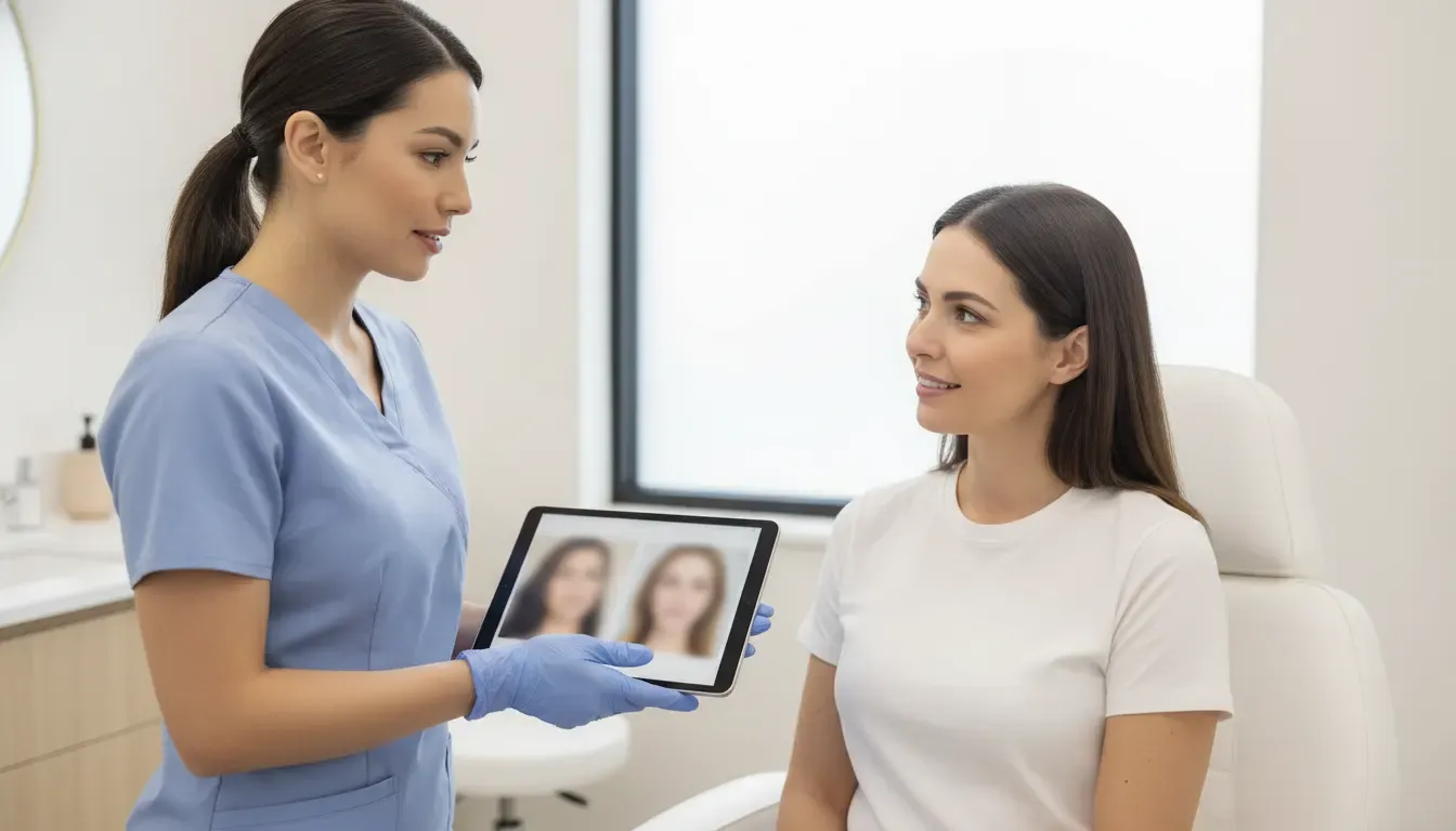 Provider reviewing Sculptra before and after photos during a consultation