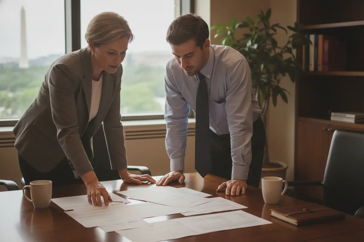 A human resources manager and benefits adviser review employee enrollment information