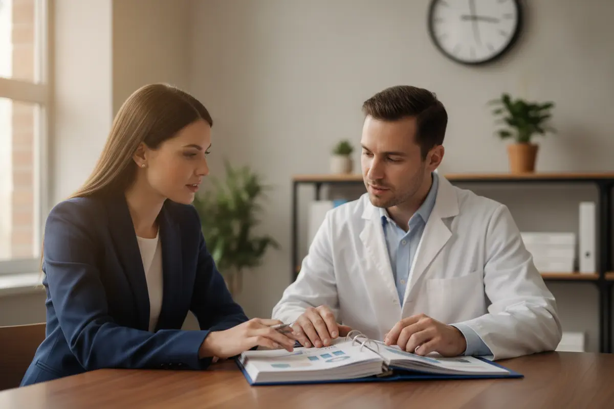 Benefits leaders and a pharmacy professional reviewing an employer plan report in a clinical office
