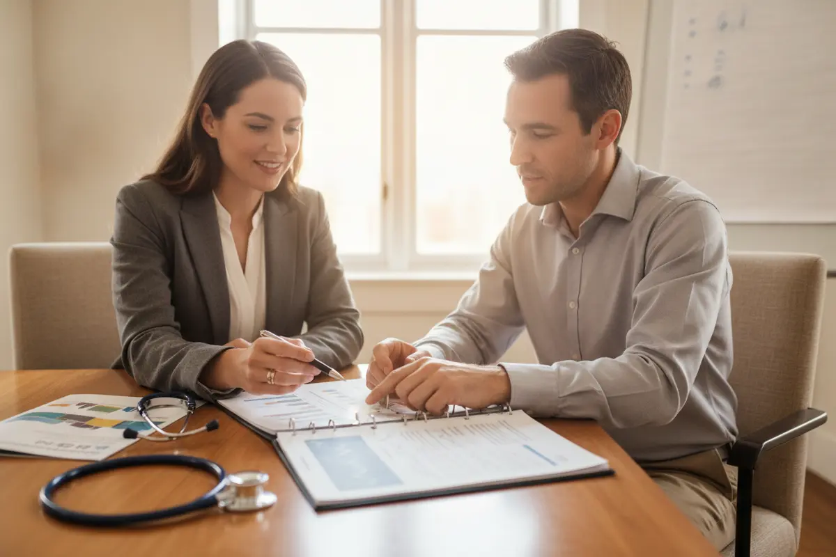 Employer and advisor reviewing health plan administration options