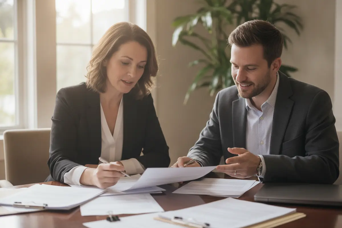 Employer and benefits advisor compare HRA plan documents at a meeting table