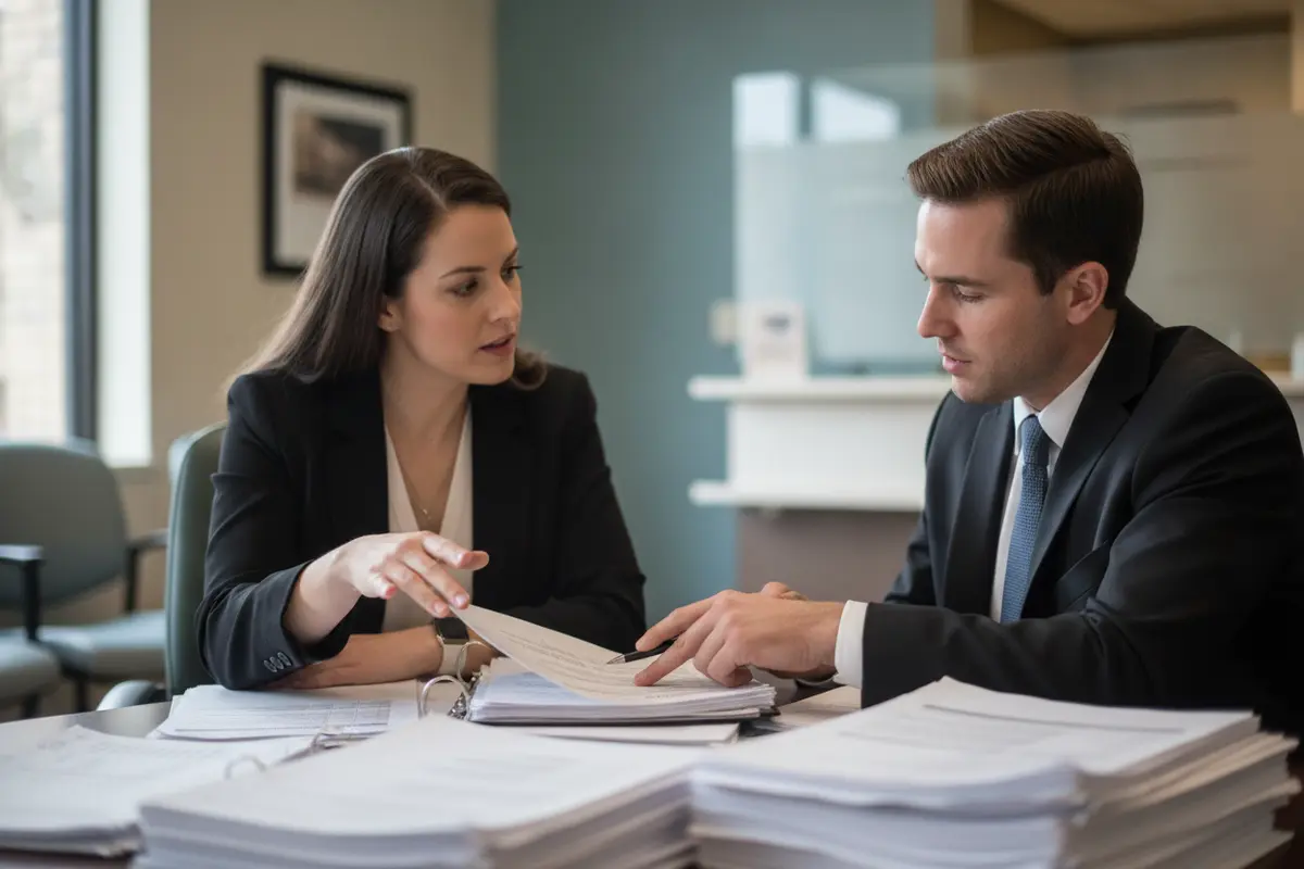 Employer benefits manager and plan administrator reviewing claims and plan documents