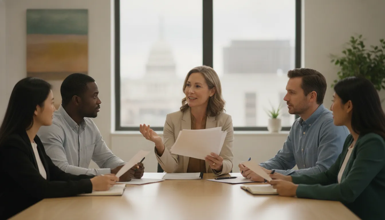 HR manager explaining employee benefit enrollment to a diverse Washington workplace team