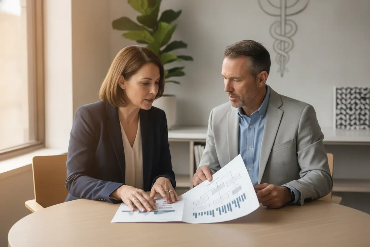 HR leader and benefits administrator reviewing a claims workflow and service report