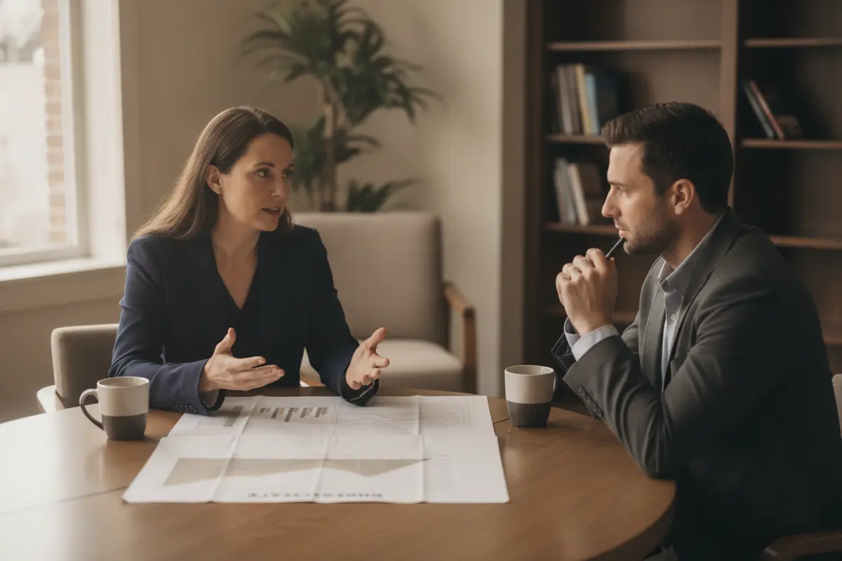 HR leader and benefits adviser discussing group disability coverage
