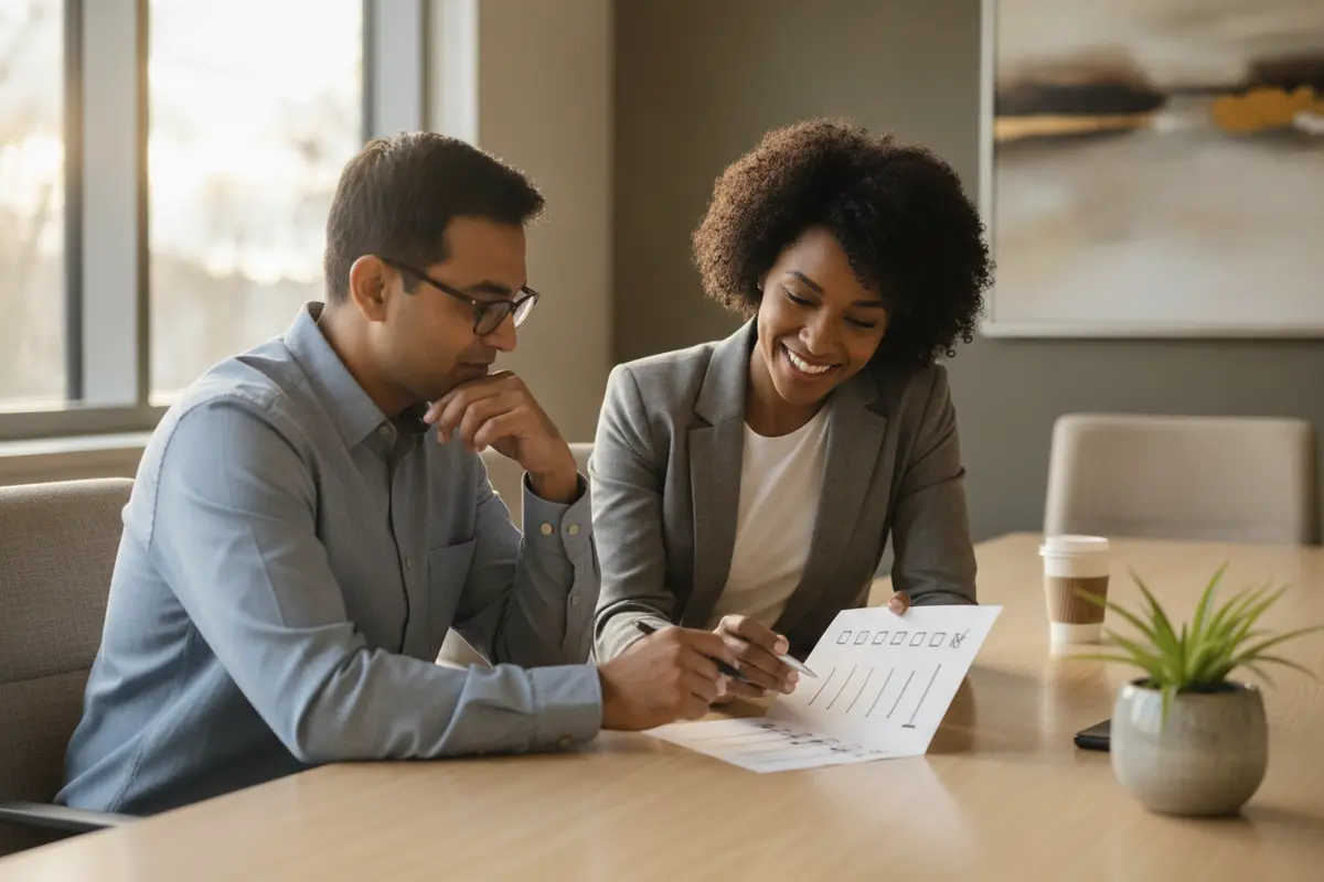 HR leader reviewing a mental health benefits access checklist with a benefits advisor