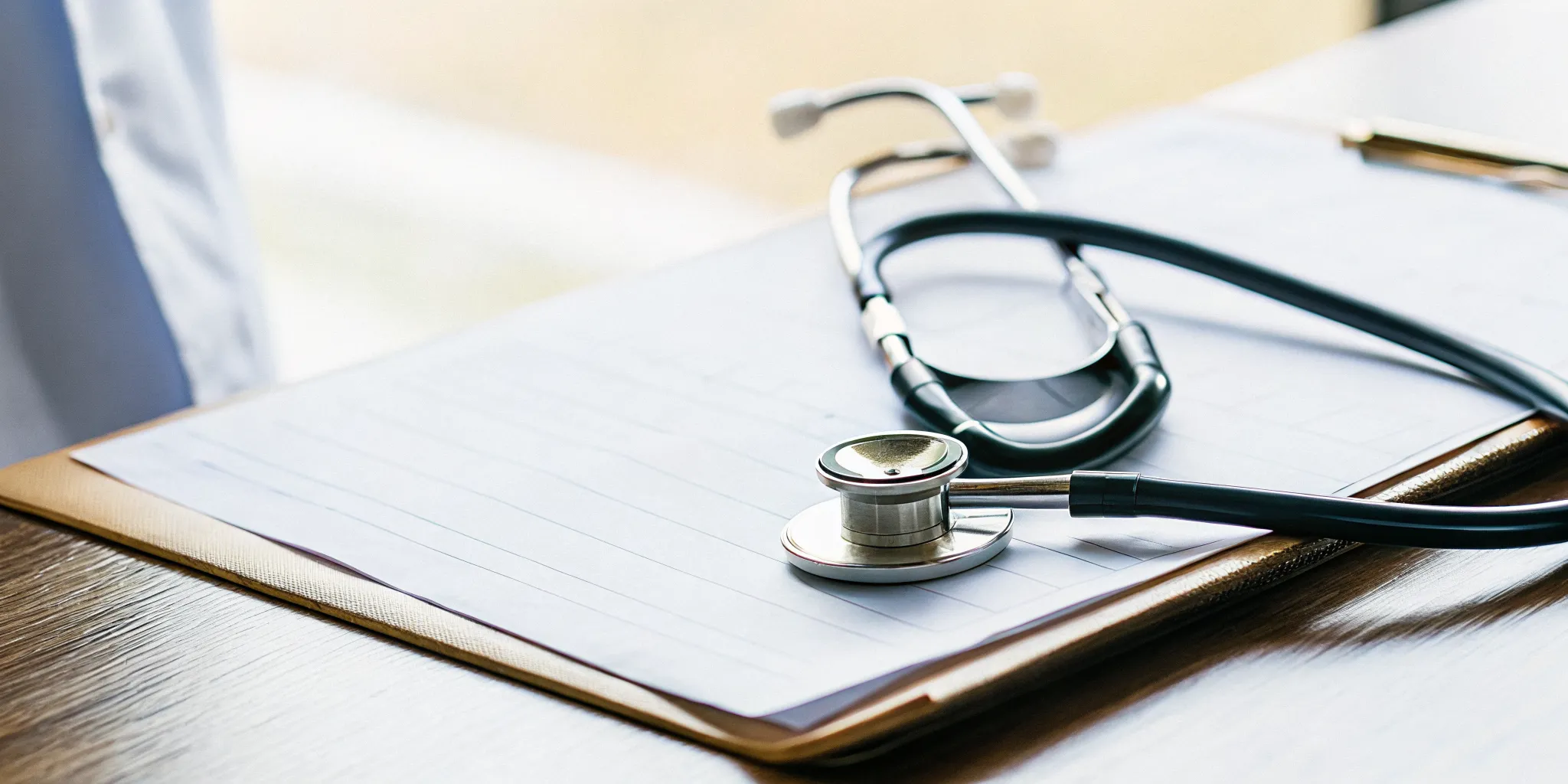 A clean modern clinical stethoscope resting on a healthcare plan document in a warm medical office