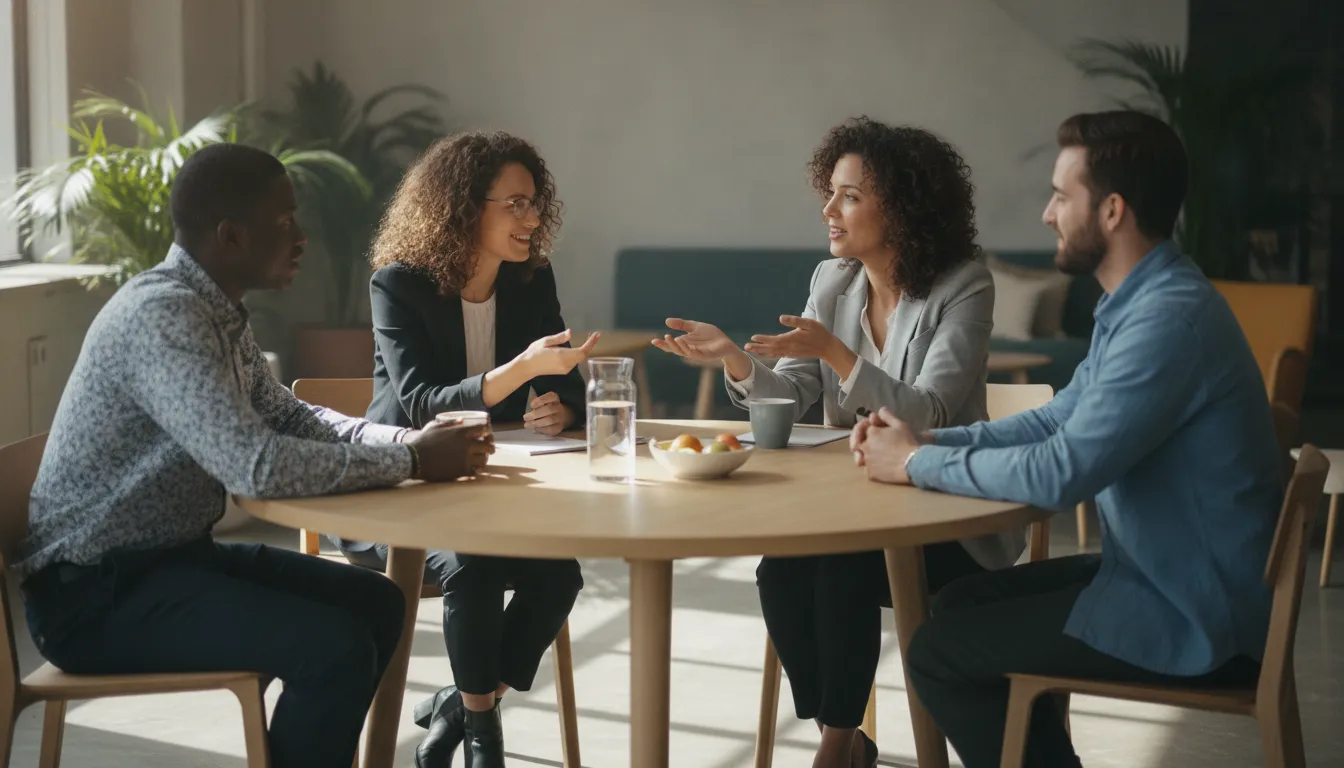 Employees discussing health care plan review priorities with a benefits advisor