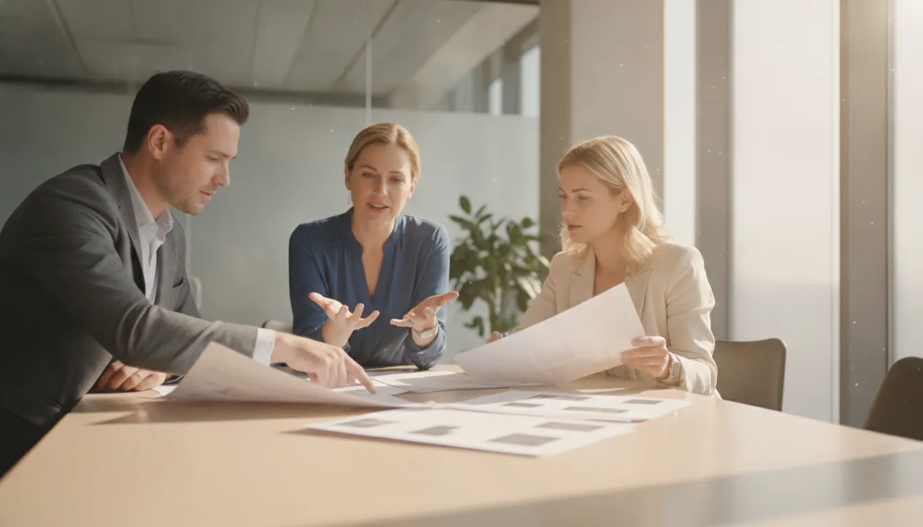 Benefits advisors reviewing health plan cost documents with an HR leader