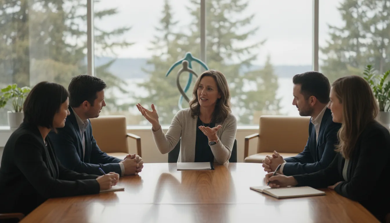 Benefits advisor explaining shared health plan risk to Washington employer leaders