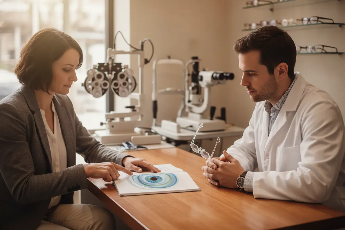 Small-business HR manager discussing vision coverage with an eye-care professional