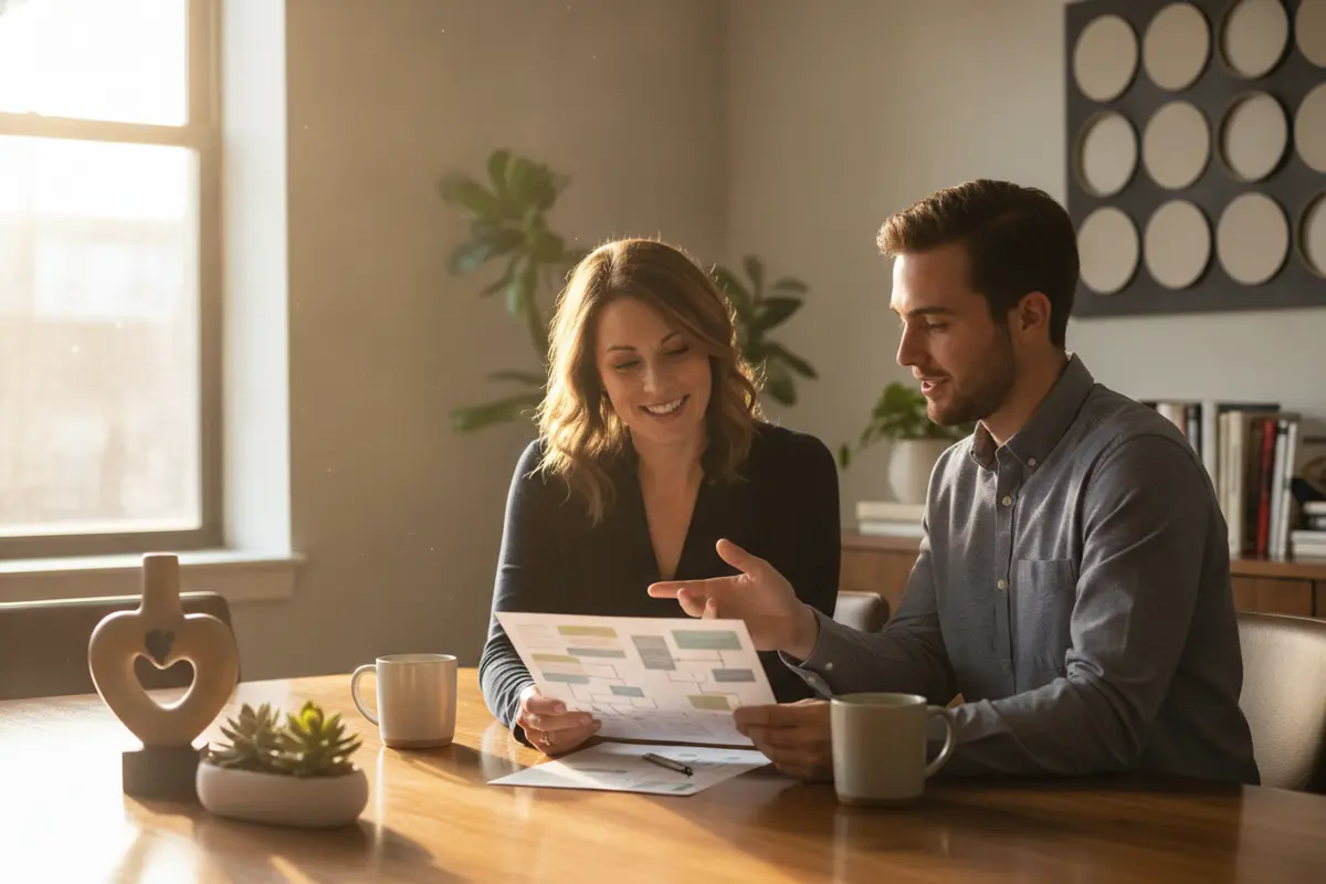 Small-business HR manager reviewing benefits enrollment steps with an employee