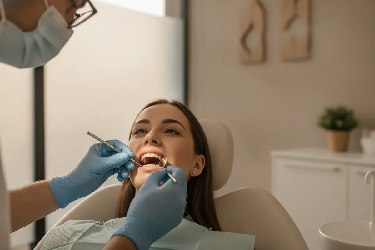 A dentist carefully checking the fit and supporting teeth of a dental bridge