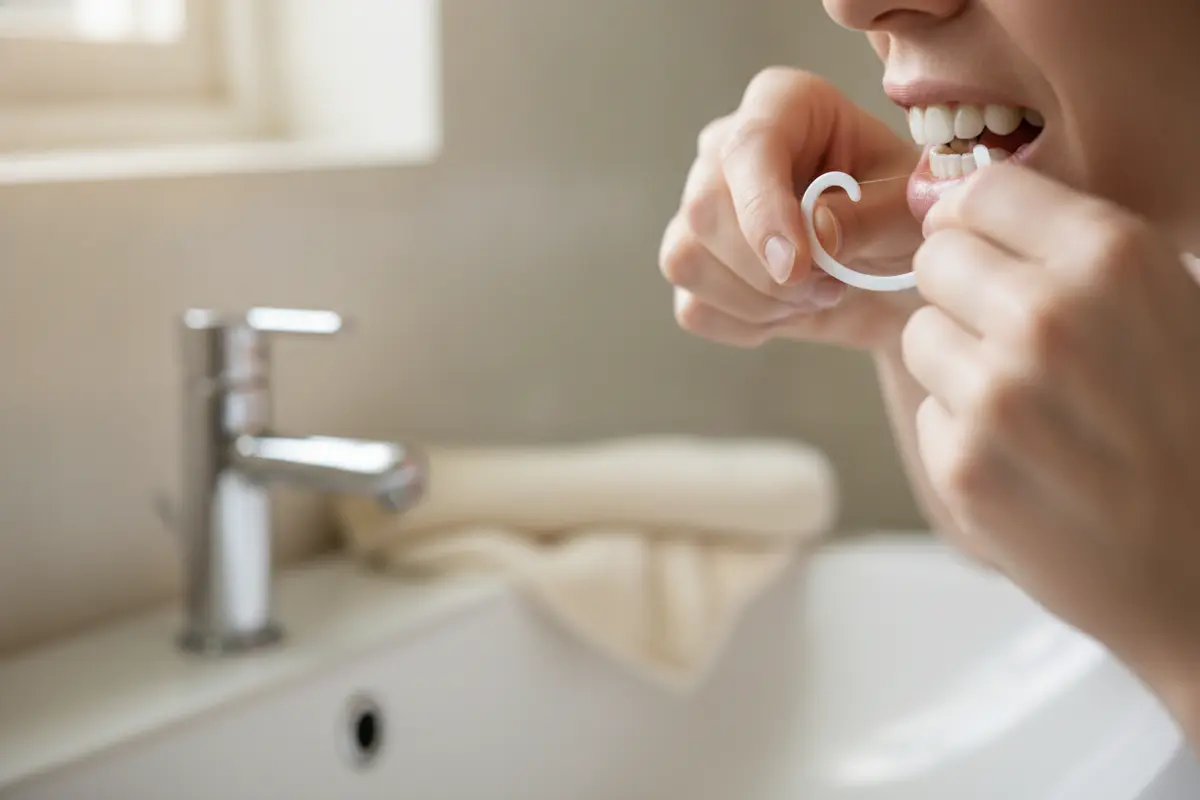 A patient using a floss threader to clean beneath a dental bridge