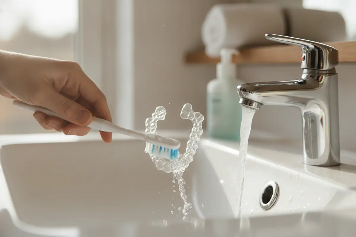 A person gently brushes a clear aligner with a soft toothbrush