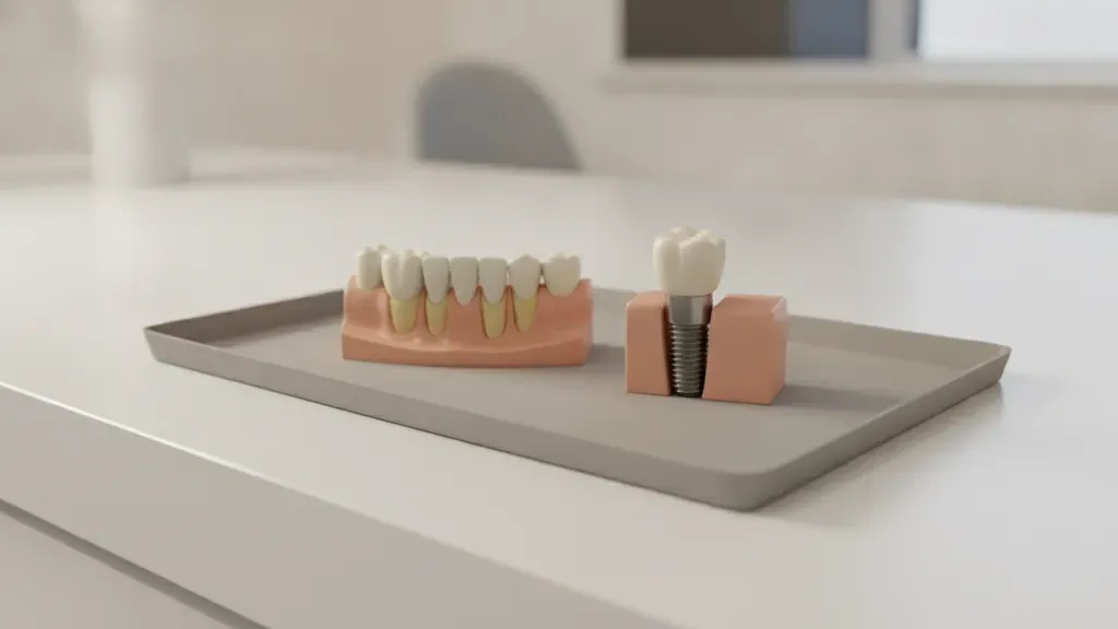 Dental bridge and single-tooth implant models shown side by side
