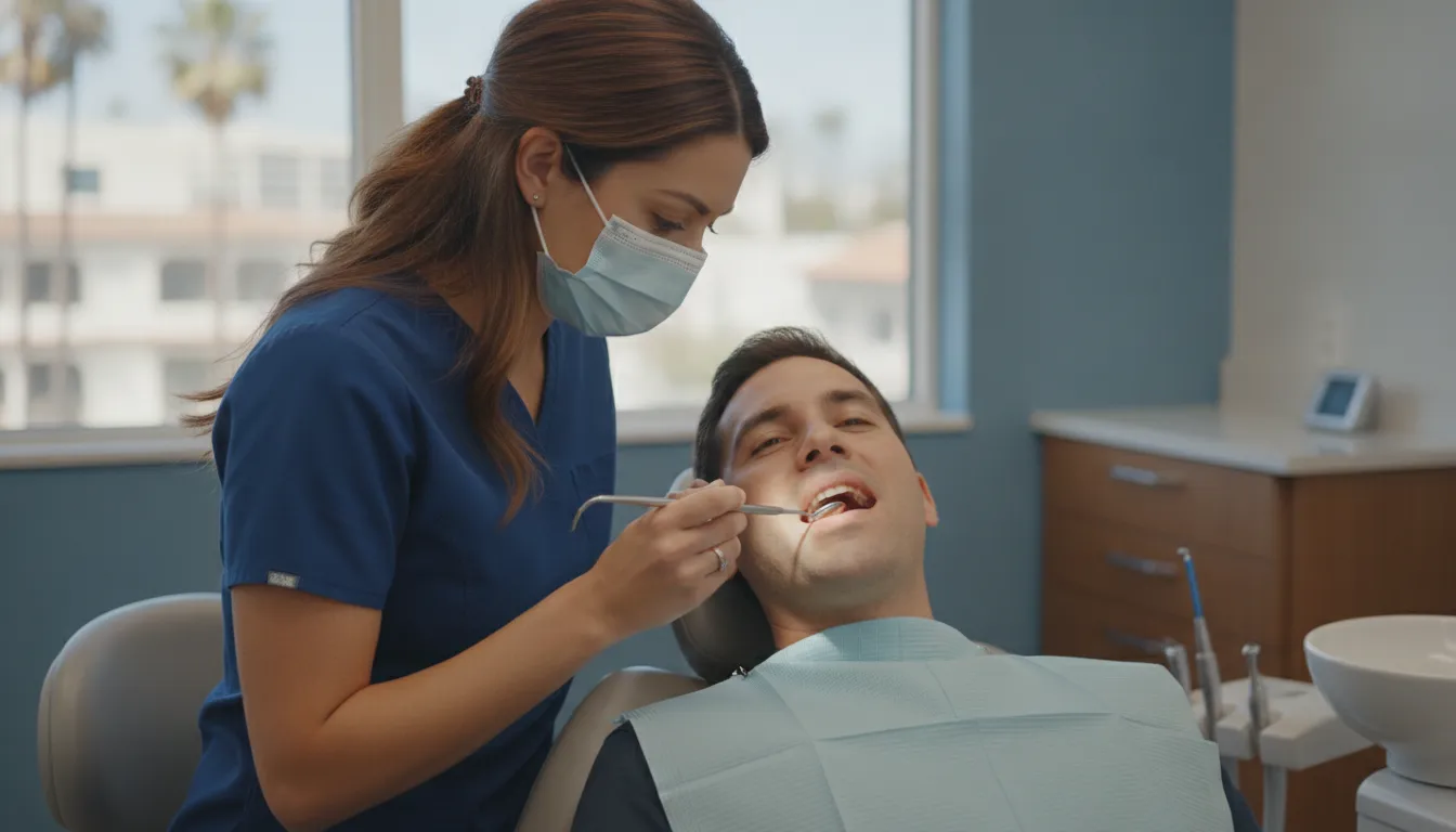 Dental hygienist performing a routine teeth cleaning for a patient