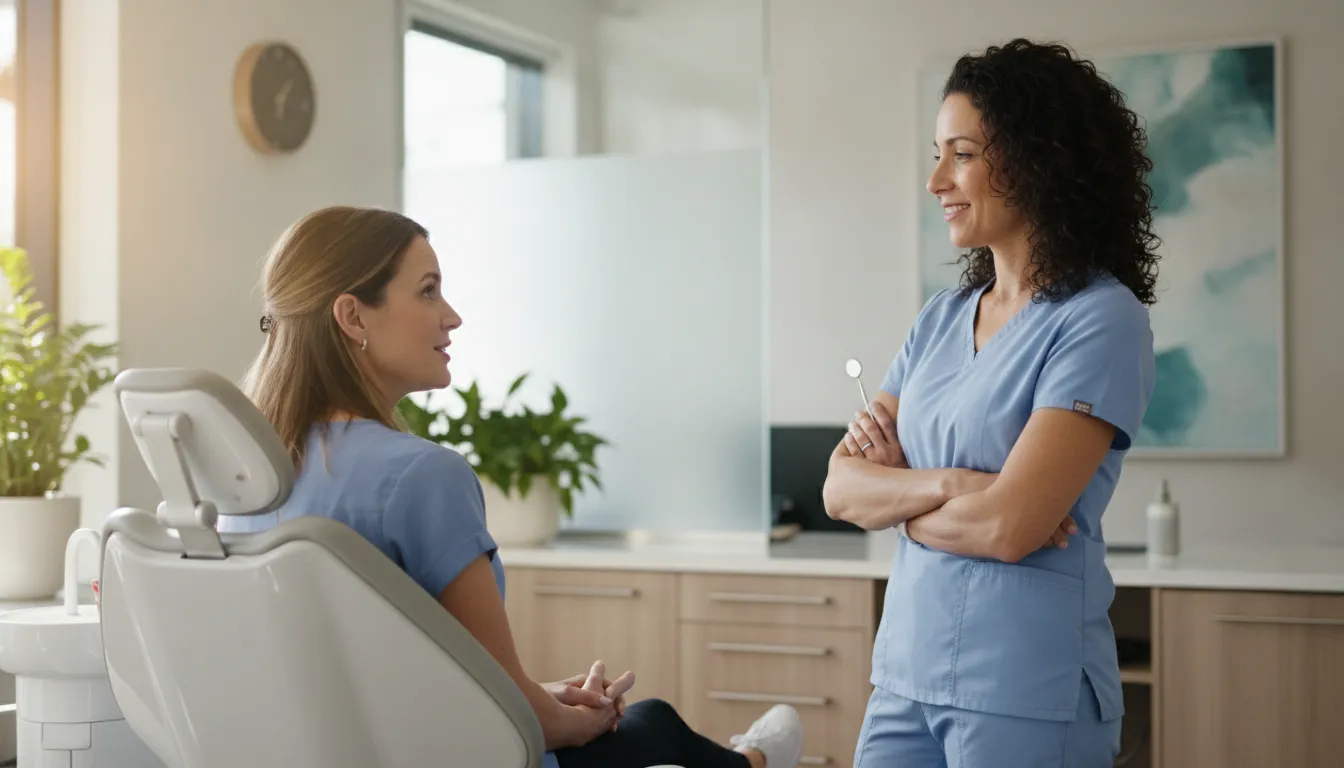 Dental professional discussing patient comfort during a cleaning visit