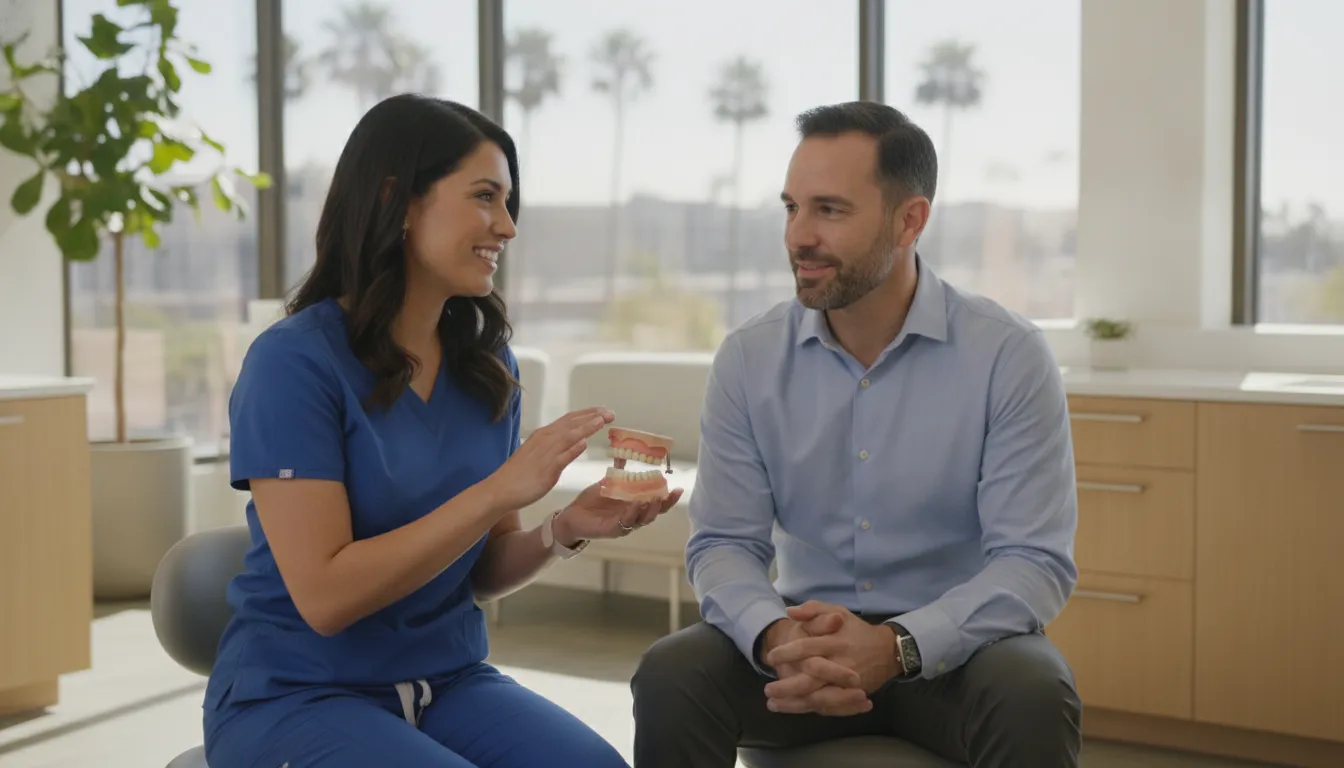 Dentist and patient discussing dental crown treatment in a bright San Diego office