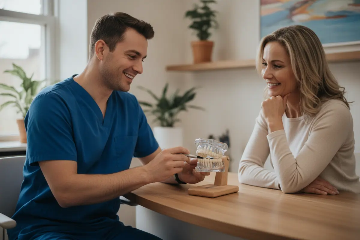 Dental professional discussing implant treatment stages with a patient using a simple jaw model