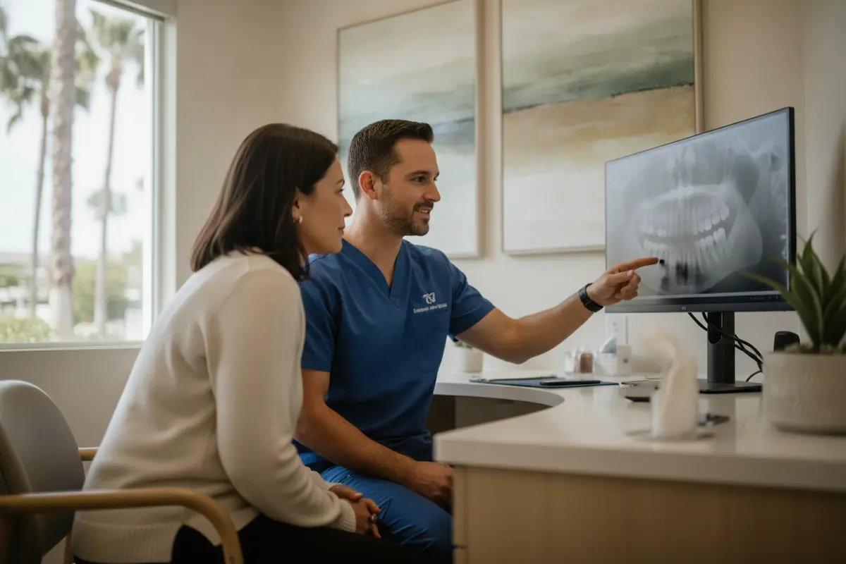 Dental X-ray on a monitor as a dentist explains an evaluation to a patient