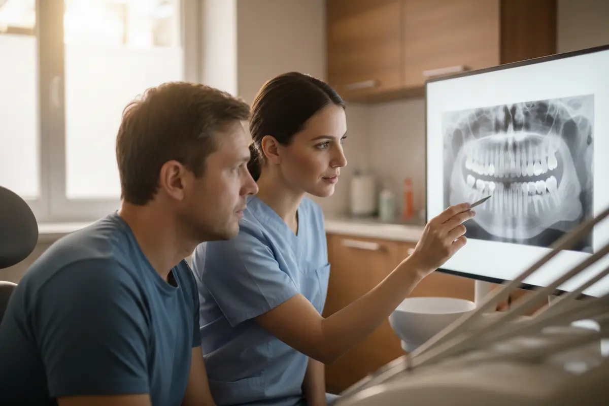 Dentist and patient reviewing an X-ray while discussing tooth treatment options