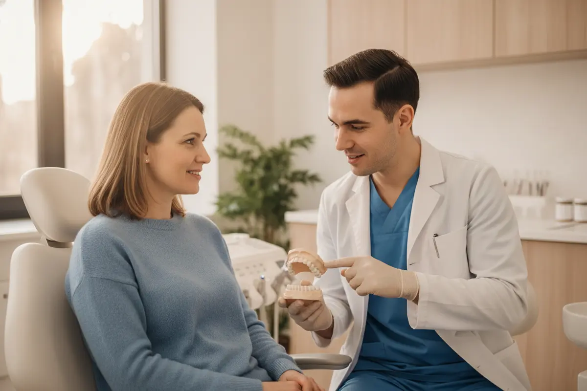 Dentist discussing bone graft healing and follow-up with a patient