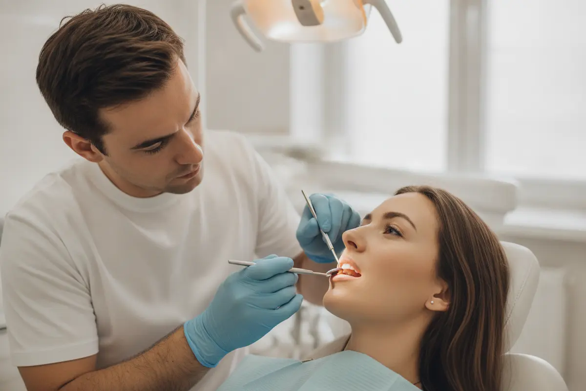 Dentist examining a patient’s tooth and gum with a small dental mirror