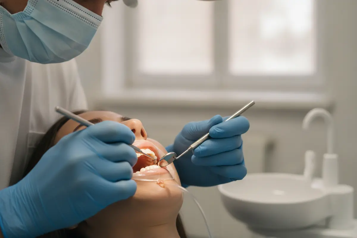 Dentist examining the smooth surface and edges of a patient’s teeth