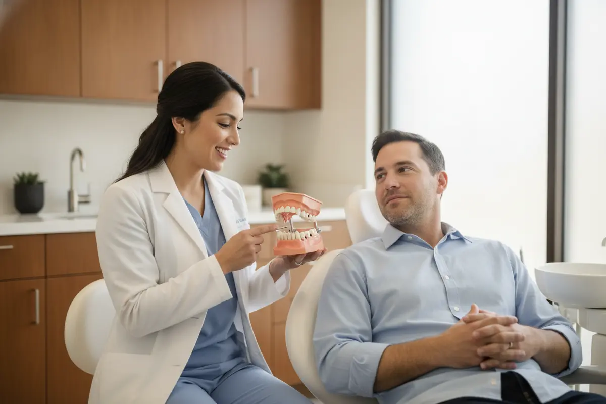 Dentist explaining the steps of a dental filling appointment to a patient